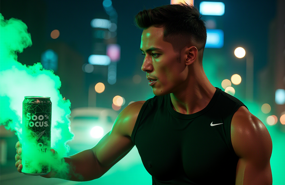 Modelo masculino atlético con lata de bebida energética, creado con IA para publicidad deportiva.