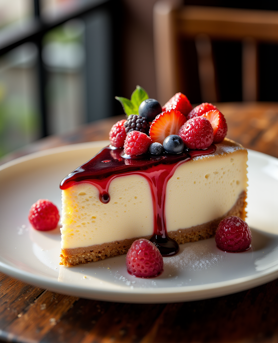 Rebanada de cheesecake con decoración, generada por IA para reposterías.