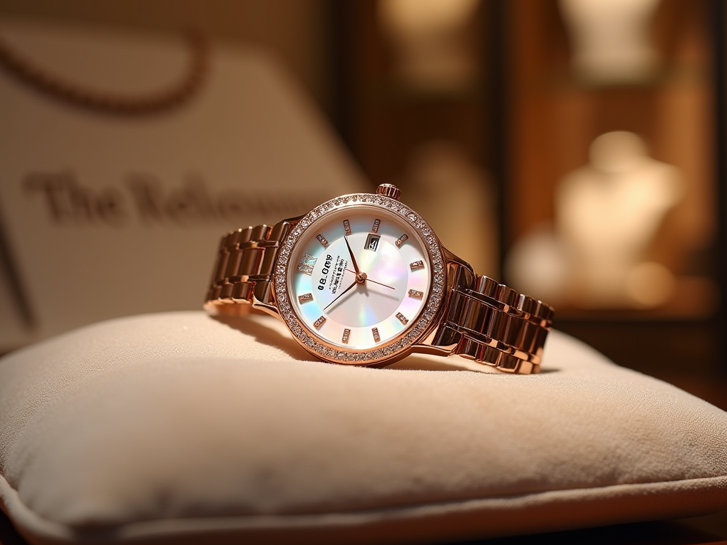 Reloj femenino de lujo en estilo editorial, creado con IA. Ideal para marcas relojeras o revistas.