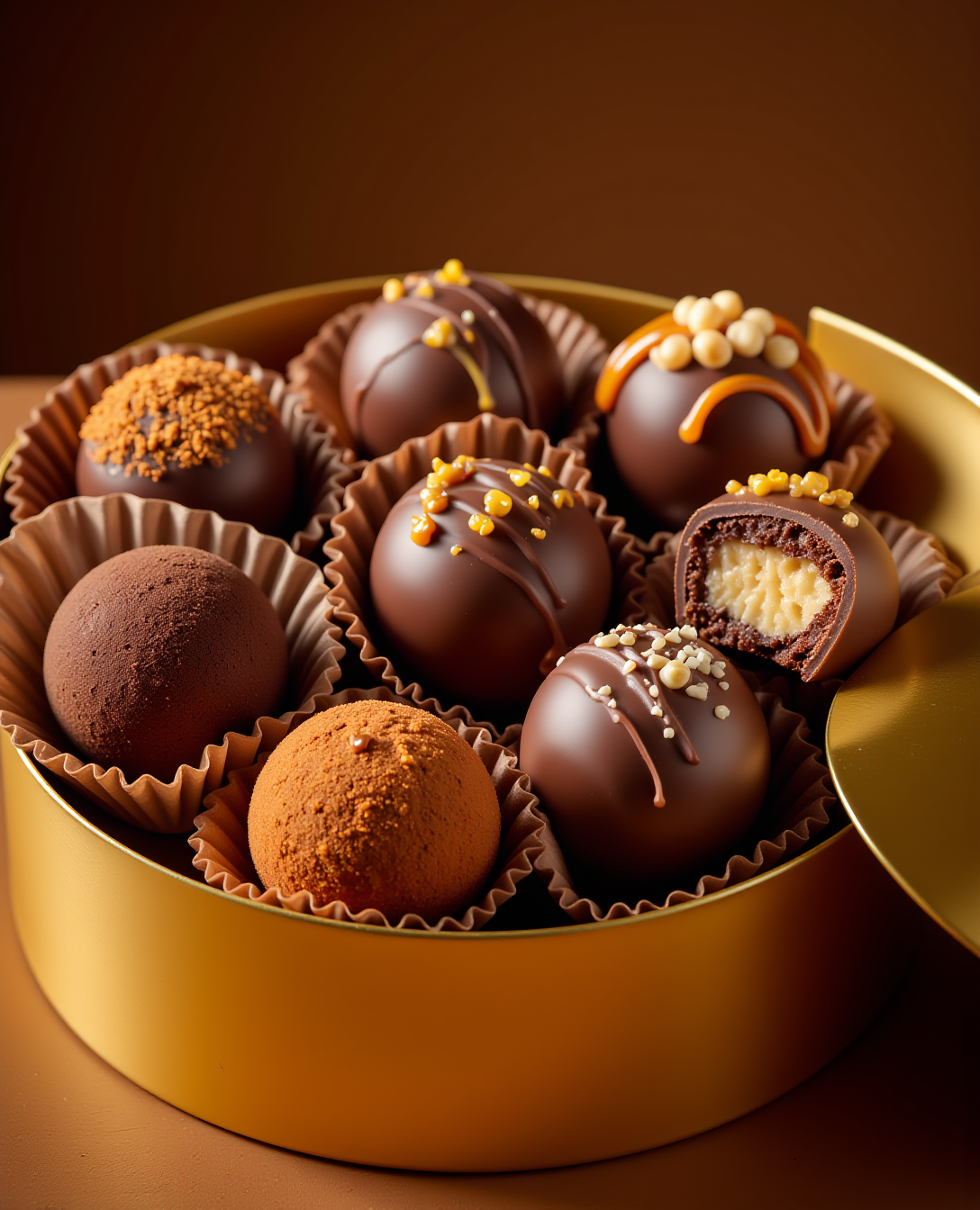 Chocolates premium en caja dorada, creados con IA para publicidad alimentaria.