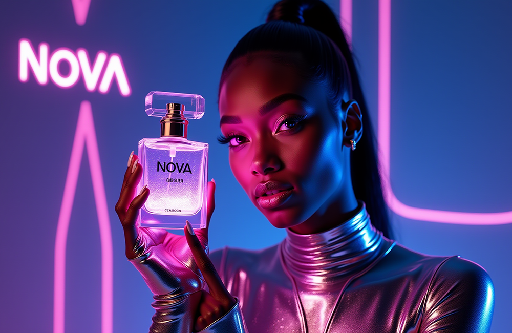 Modelo digital afroamericana promocionando perfume, creado con IA. Ideal para campañas de belleza inclusivas.