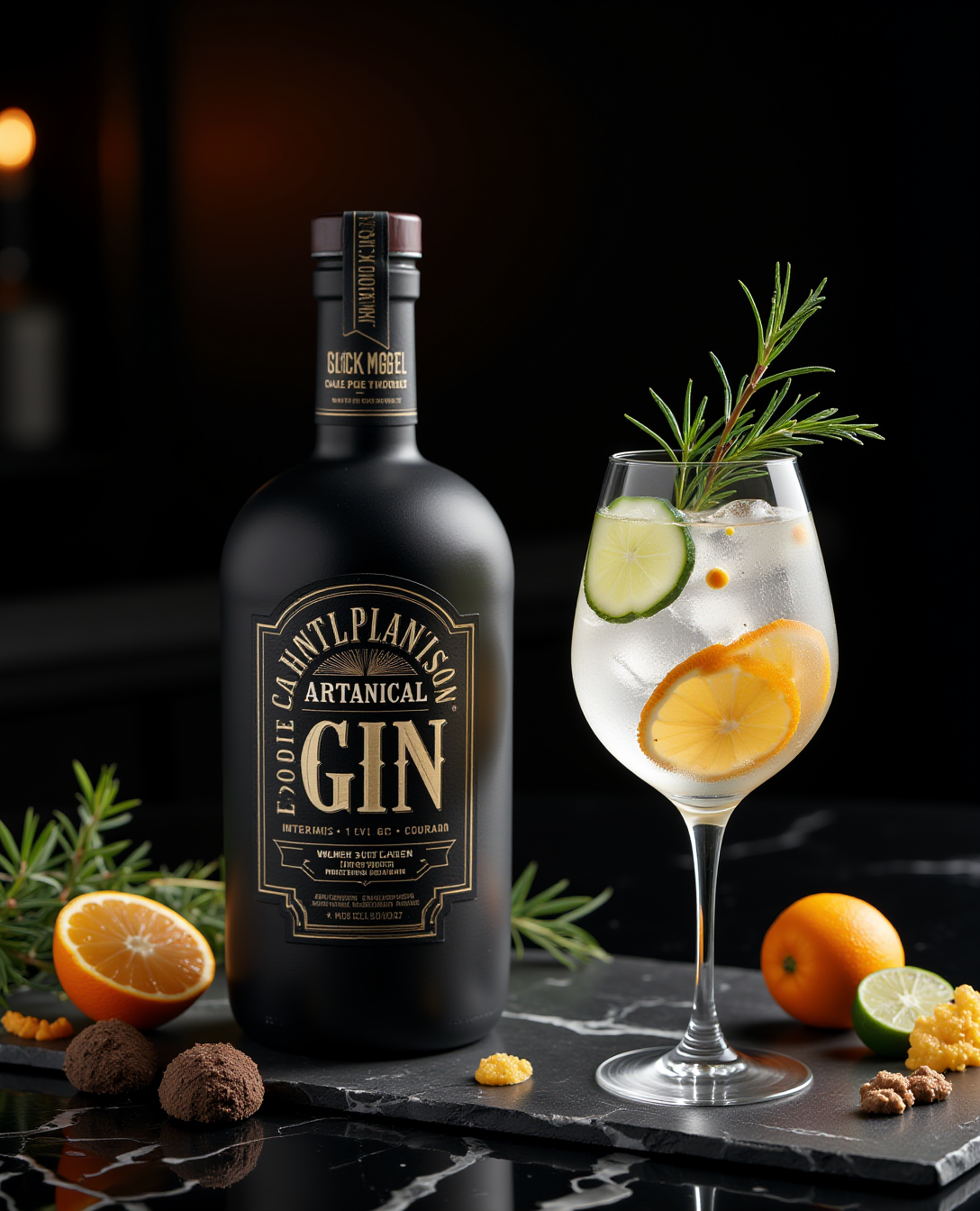 Botella de gin con cóctel, renderizado con IA. Perfecto para etiquetas o publicidad de bebidas premium.